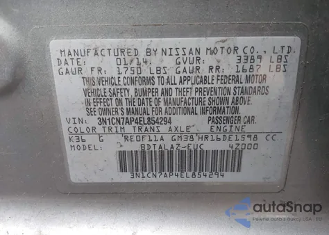 2014 Nissan Versa 1.6 S+ z USA, uszkodzony, nr VIN 3N1CN7AP4EL854294